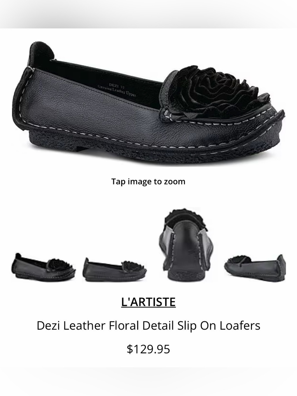 L'ATISTE Dezi Black Leather Floral Detail Slip-On Loafers NWOT